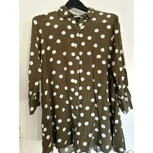Lefties Brown White Polka Dot Button Down Shirt Dress Long Sleeve Midi Casual XL - Picture 1 of 5
